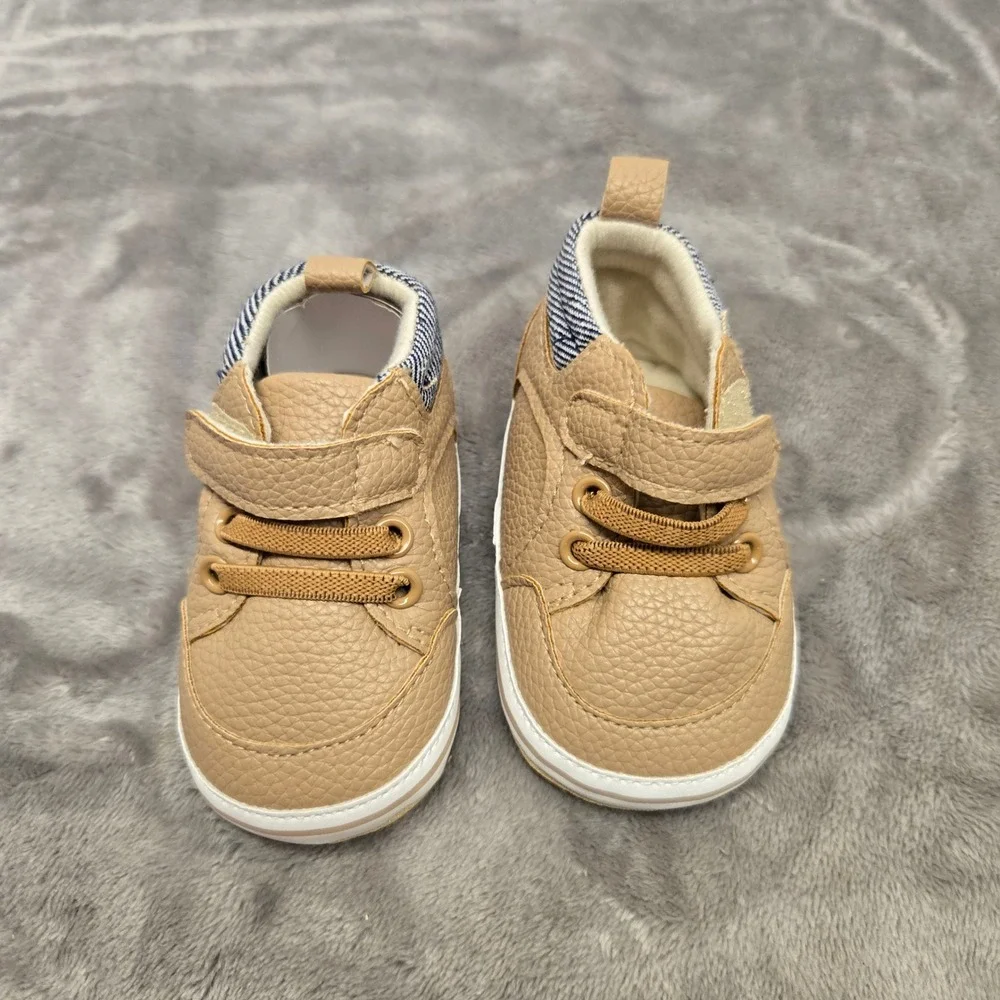 Infant Boys Tan Faux Leather Soft Sole Sneakers Striped Collar Size 1